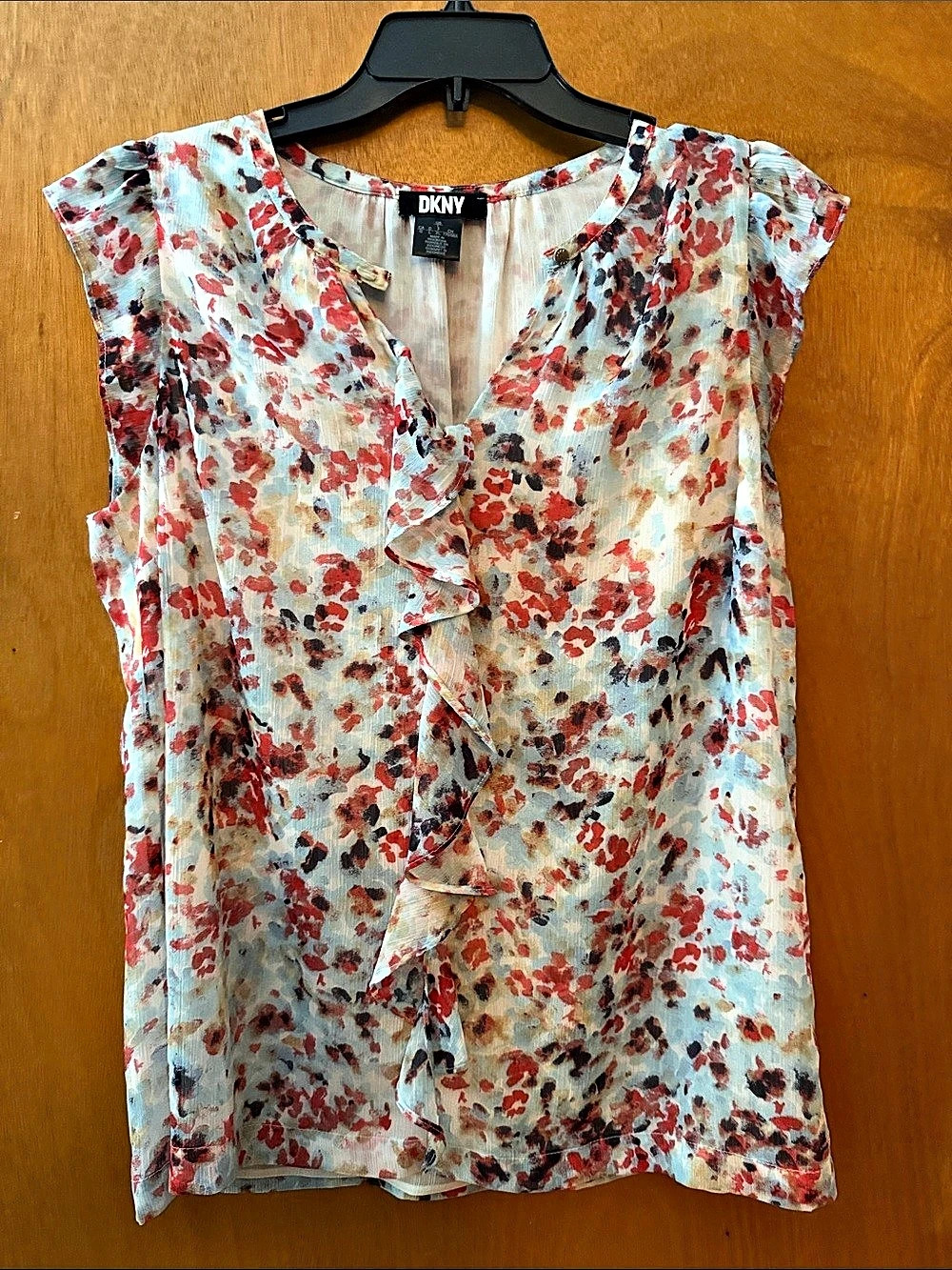 DKNY Floral Ruffle Blouse in Blue & Red Size LargeLike New